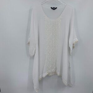 Lands End sheer white swim cover pom pom caftan embroidery floral Small 6 8